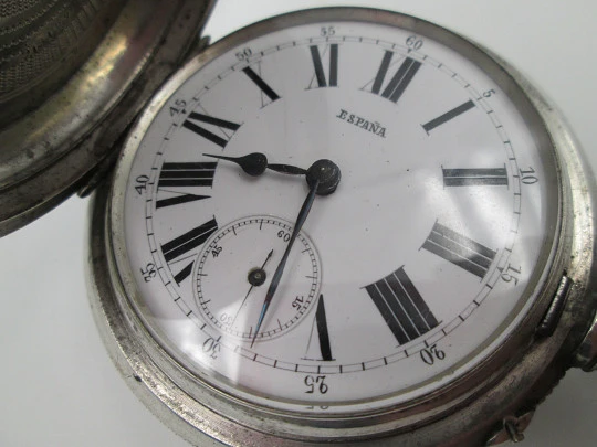 Reloj de bolsillo saboneta Bornand Genève. Marca España. Plata ley 800. Suiza. 1900
