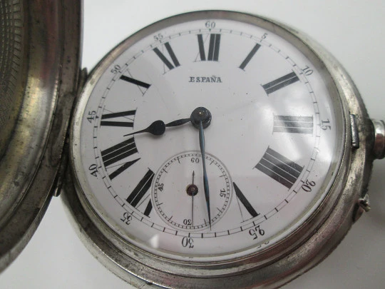 Reloj de bolsillo saboneta Bornand Genève. Marca España. Plata ley 800. Suiza. 1900