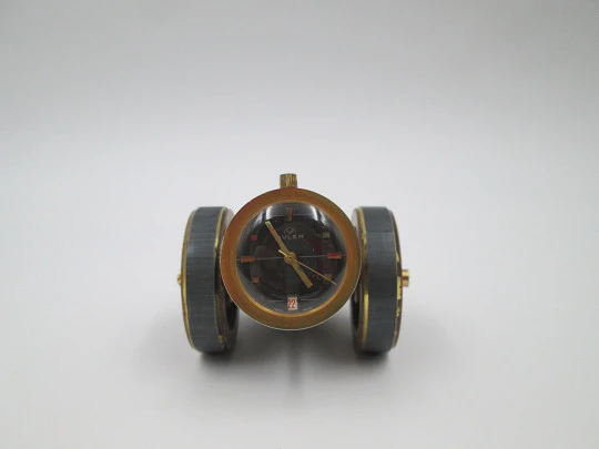 Reloj de sobremesa Buler. Bronce pavonado. Miniatura cañón. Cuerda manual. 1970. Suiza