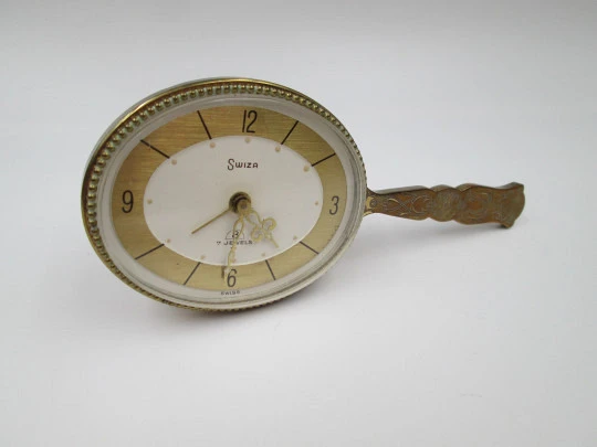 Reloj de sobremesa espejo Swiza 8 días cuerda con alarma. Bronce. Motivos vegetales