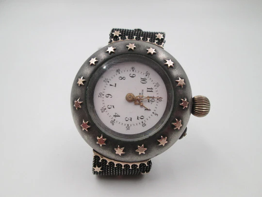Reloj de transición de plata Hierro y Cía (Habana). Detalles chapados en oro. 1920