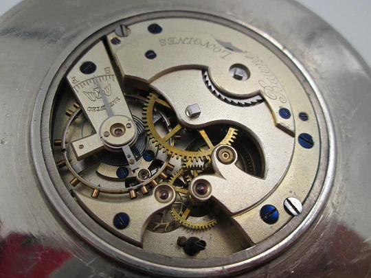 Reloj de viaje bolsillo Longines con estuche de piel. Acero cromado. Remontoir. 1910. Suiza