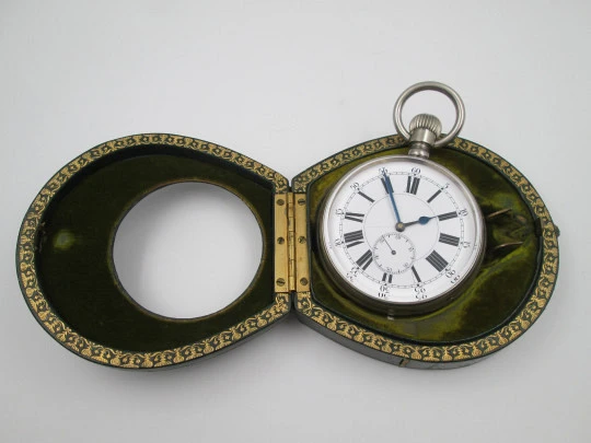 Reloj de viaje bolsillo Longines con estuche de piel. Acero cromado. Remontoir. 1910. Suiza