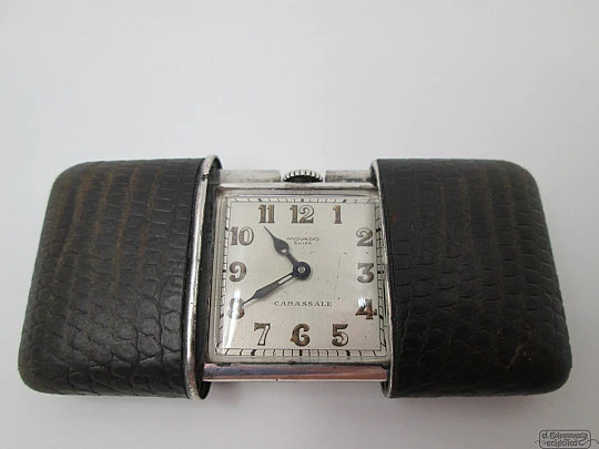 Reloj de viaje Movado Carassale. Plata de ley y piel de serpiente. Automático. 1940