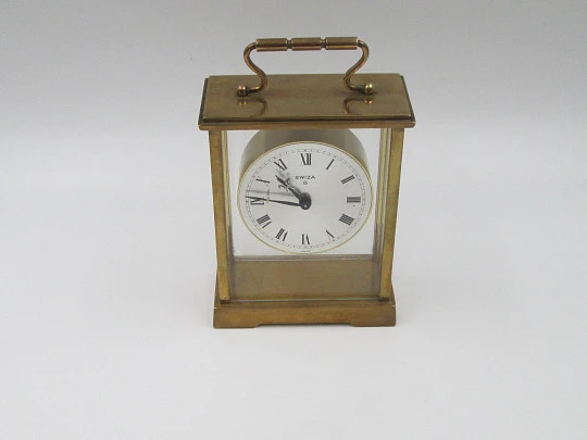 Reloj despertador de sobremesa Swiza 8 días cuerda. Bronce. Esfera gris. Suiza. 1970 Reloj despertador de sobremesa Swiza 8 días cuerda. Bronce. Esfera gris. Suiza. 1970