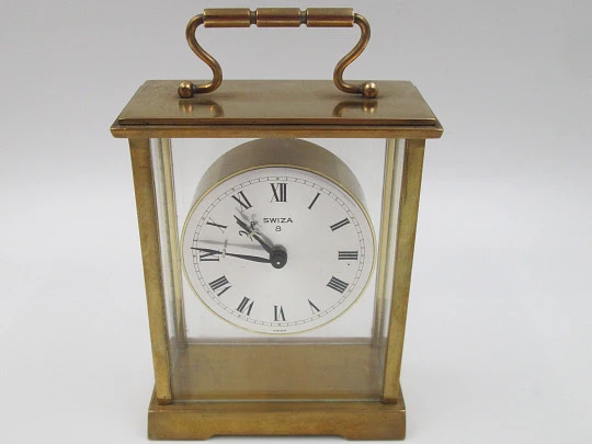 Reloj despertador de sobremesa Swiza 8 días cuerda. Bronce. Esfera gris. Suiza. 1970 Reloj despertador de sobremesa Swiza 8 días cuerda. Bronce. Esfera gris. Suiza. 1970