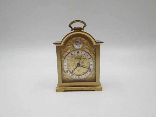 Reloj despertador Swiza Tempus Fugit 8 días cuerda. Bronce. Motivos vegetales. Suiza. 1970 Reloj despertador Swiza Tempus Fugit 8 días cuerda. Bronce. Motivos vegetales. Suiza. 1970