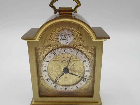 Reloj despertador Swiza Tempus Fugit 8 días cuerda. Bronce. Motivos vegetales. Suiza. 1970 Reloj despertador Swiza Tempus Fugit 8 días cuerda. Bronce. Motivos vegetales. Suiza. 1970