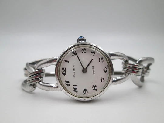 Reloj mecánico mujer Festina. Plata de ley. Brazalete. Esfera blanca. Suiza. 1980