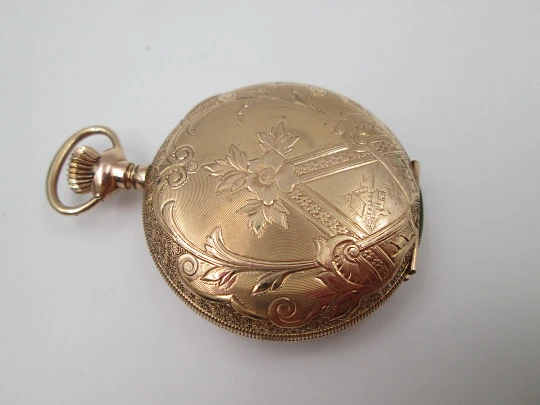 Reloj saboneta Standard. Chapado en oro. Dial porcelana. Cuerda remontoir. 1910. EEUU