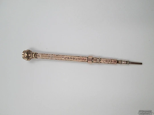 Retractable mechanical pencil. Gold plated. 1900's. Amber stone