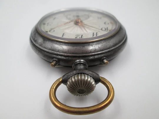 'Reveil' / alarm pocket table watch. Stem-wind. Iron. Swiss. 1910's