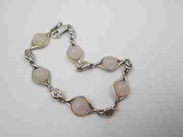 Rhombuses & pink crystals women's bracelet. Sterling silver. Carabiner clasp