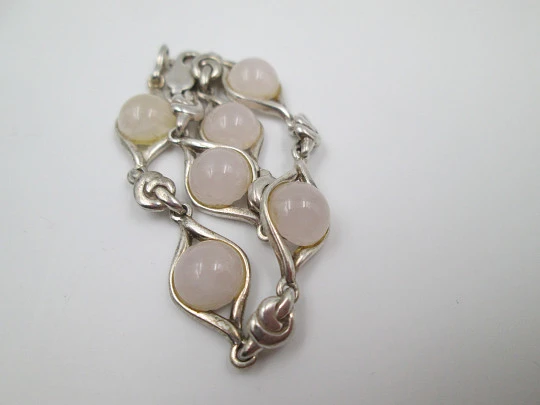Rhombuses & pink crystals women's bracelet. Sterling silver. Carabiner clasp