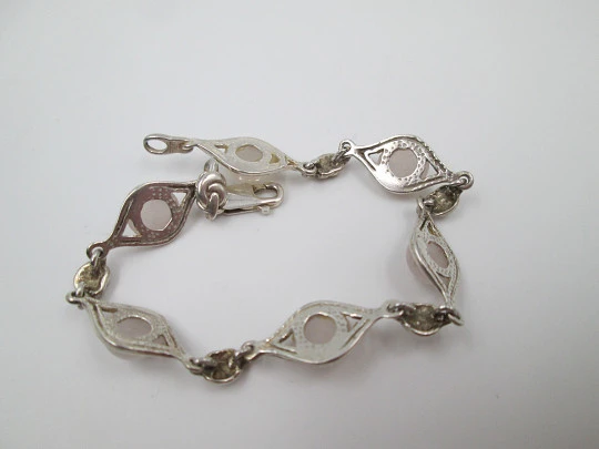 Rhombuses & pink crystals women's bracelet. Sterling silver. Carabiner clasp