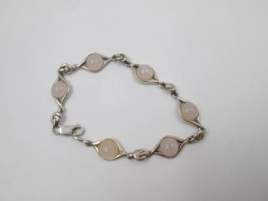 Rhombuses & pink crystals women's bracelet. Sterling silver. Carabiner clasp