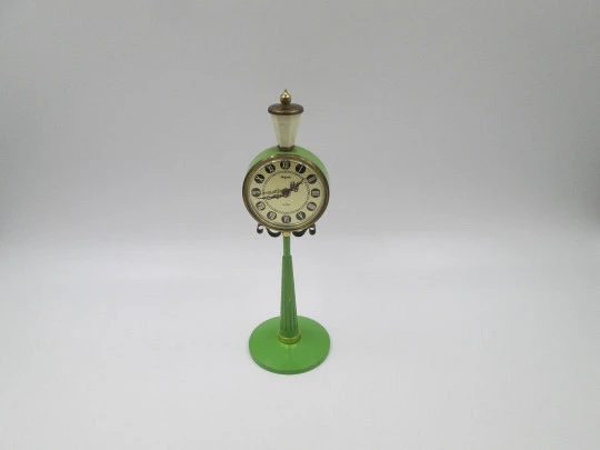 Rhythm desk table alarm clock. Green street lamp. Manual winding. Brass & metal. 1960's
