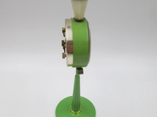 Rhythm desk table alarm clock. Green street lamp. Manual winding. Brass & metal. 1960's