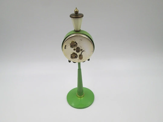 Rhythm desk table alarm clock. Green street lamp. Manual winding. Brass & metal. 1960's