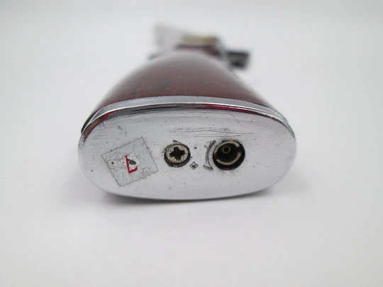 Rifle shape multi-purpose butane lighter. Silver and gold metal. Wood lacquer. 1990's