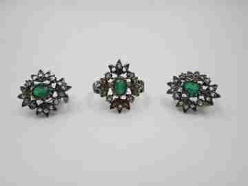 Ring and earrings set. Sterling silver. White and green gems. 1970's