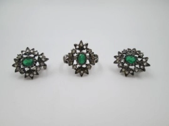 Ring and earrings set. Sterling silver. White and green gems. 1970's