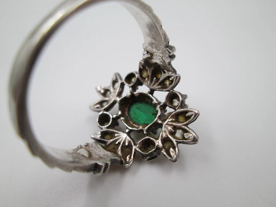 Ring and earrings set. Sterling silver. White and green gems. 1970's