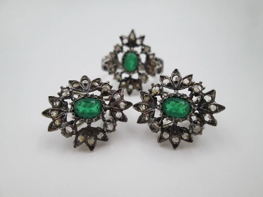 Ring and earrings set. Sterling silver. White and green gems. 1970's