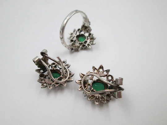 Ring and earrings set. Sterling silver. White and green gems. 1970's