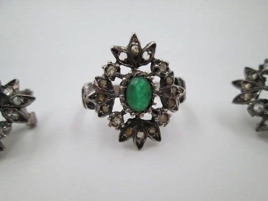 Ring and earrings set. Sterling silver. White and green gems. 1970's