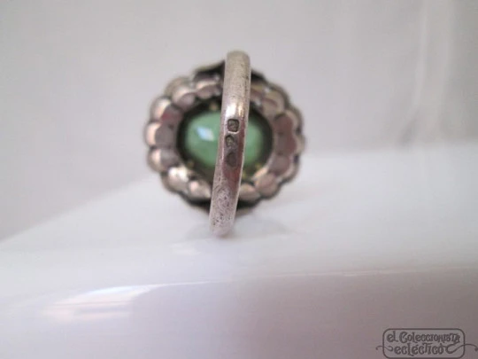 Ring. Sterling silver and gold edge. Green stone & marcasite gems. 1960's