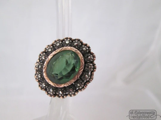 Ring. Sterling silver and gold edge. Green stone & marcasite gems. 1960's