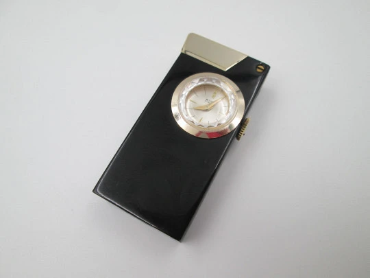 Rivo pocket petrol lighter / mechanical watch. Black lacquer metal & gold plated. 1960's