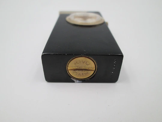 Rivo pocket petrol lighter / mechanical watch. Black lacquer metal & gold plated. 1960's