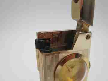 Rivo table petrol lighter / mechanical clock. Gold plated metal. 1960's. Swiss