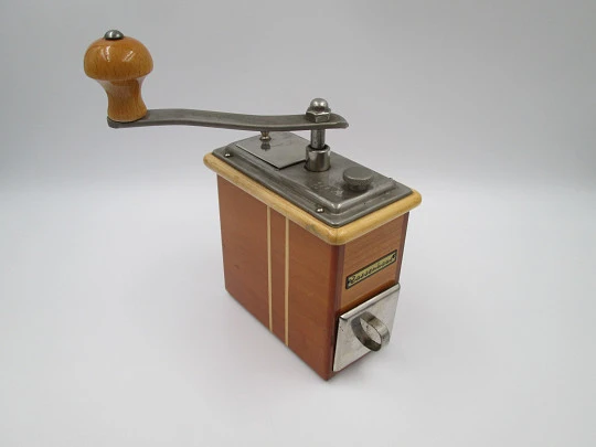 Robert Zassenhaus 498 Rosel coffee grinder. Wood and metal. Germany. 1950's