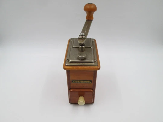 Robert Zassenhaus 498 Rosel coffee grinder. Wood and silver plated metal. Germany. 1950's
