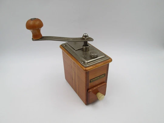 Robert Zassenhaus 498 Rosel coffee grinder. Wood and silver plated metal. Germany. 1950's