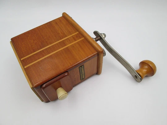 Robert Zassenhaus 498 Rosel coffee grinder. Wood and silver plated metal. Germany. 1950's