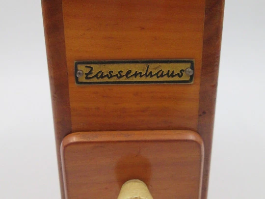 Robert Zassenhaus 498 Rosel coffee grinder. Wood and silver plated metal. Germany. 1950's