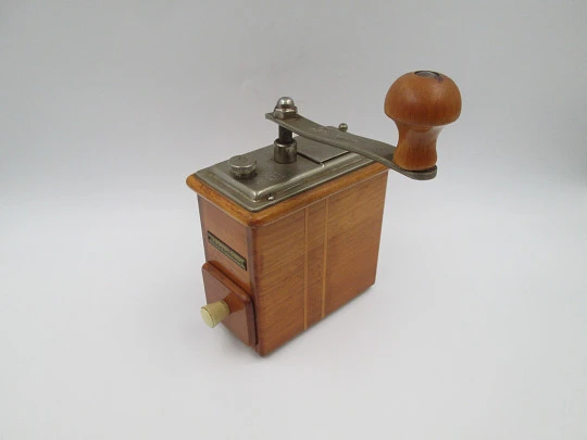 Robert Zassenhaus 498 Rosel coffee grinder. Wood and silver plated metal. Germany. 1950's