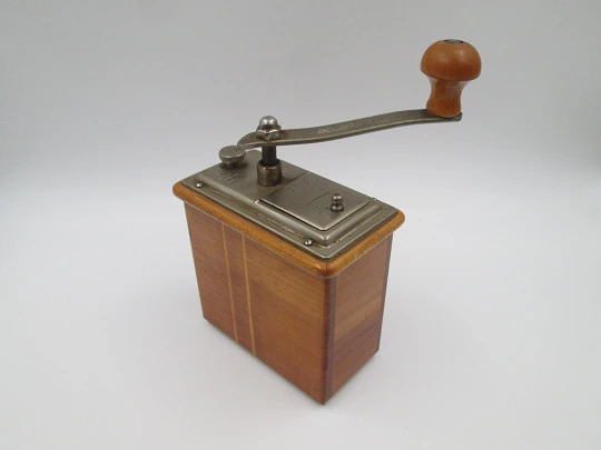 Robert Zassenhaus 498 Rosel coffee grinder. Wood and silver plated metal. Germany. 1950's