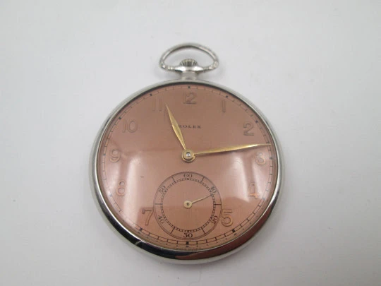 Rolex open-faced pocket watch. Nickel chrome case. Stem-wind. 1940's. Swiss
