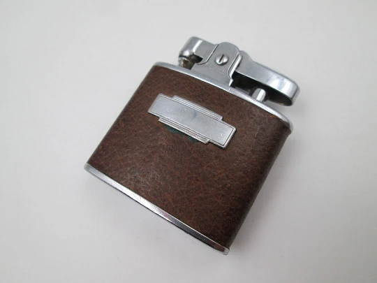 Ronson Standard pocket petrol lighter. Chromed metal & leather. 1940's. England