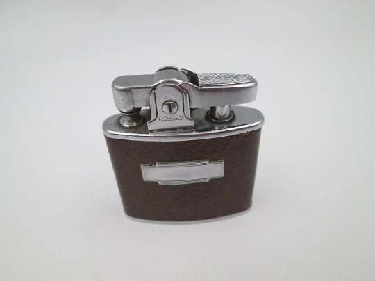 Ronson Standard pocket petrol lighter. Chromed metal & leather. 1940's. England