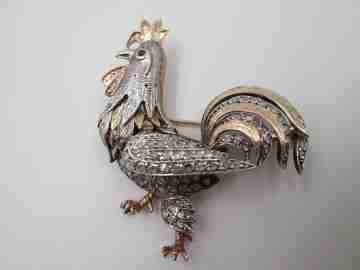 Rooster goldsmith brooch. 18k yellow gold, sterling silver and diamonds. 1930's