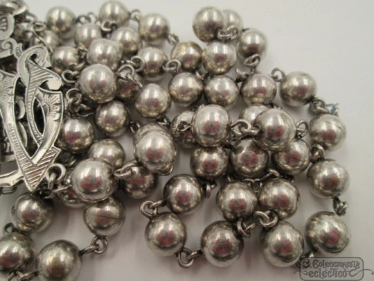 Rosary with bracelet. Sterling silver. Ball beads. 1950's. Spain