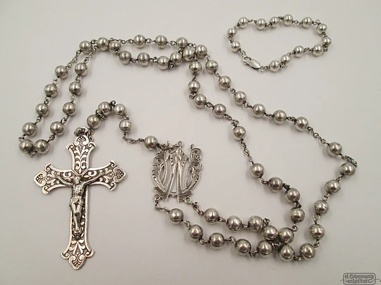 Rosary with bracelet. Sterling silver. Ball beads. 1950's. Spain