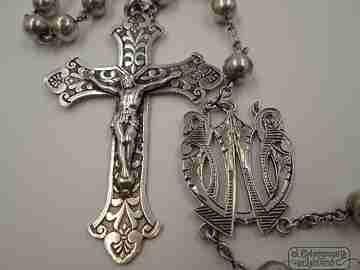 Rosary with bracelet. Sterling silver. Ball beads. 1950's. Spain