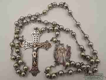 Rosary with bracelet. Sterling silver. Ball beads. 1950's. Spain